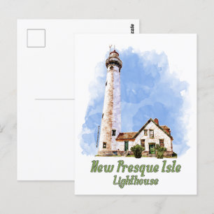 New Presque Isle Lighthouse Watercolor - Michigan Postcard