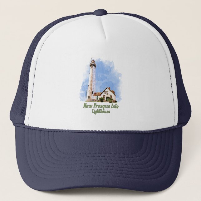 New Presque Isle Lighthouse Watercolor - Michigan Trucker Hat (Front)