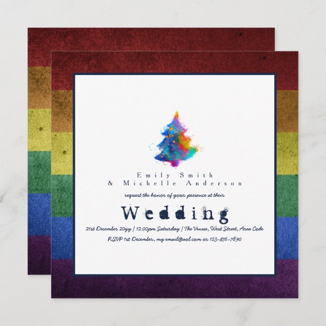 NEW Rainbow Christmas Tree LGBT Pride Gay Weddings Invitation (Front/Back)