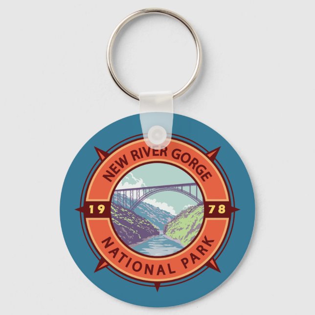 New River Gorge National Park Retro Compass Emblem Keychain (Front)