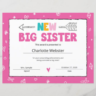 New Sister Certificate Sibling Certificate Award