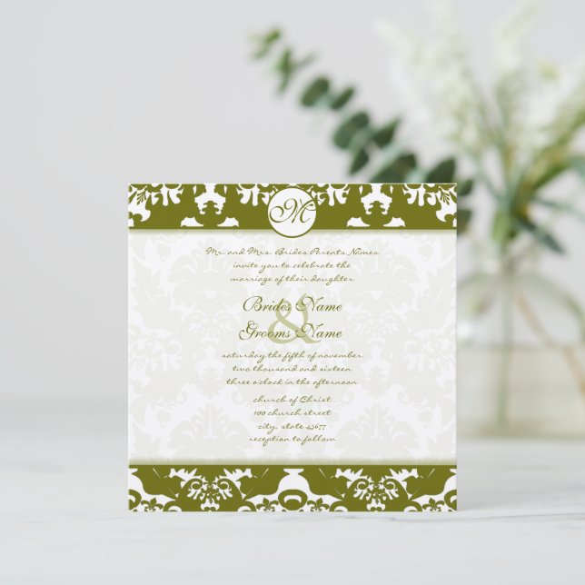 New Sizes Olive Damask Swirls Wedding Invitation (Standing Front)