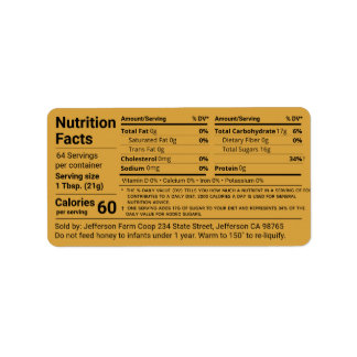 New Tabular Honey Nutrition Facts Amber Product Label