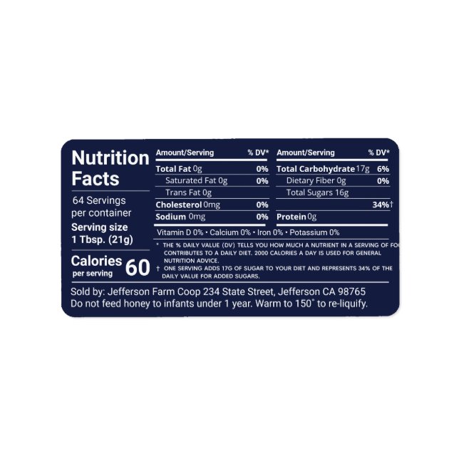 New Tabular Honey Nutrition Royal Blue Food Label (Front)