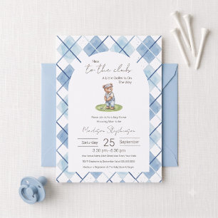 New To The Club Golfing Bear Blue Baby Shower Invitation