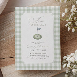 New to the Club Sage Gingham Golf Baby Shower Invitation