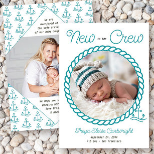New to the Crew 2 Photo Teal Nautical Anchor Birth Announcement