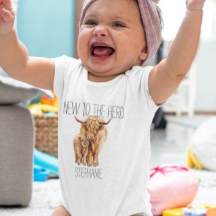 New to the Herd Highland Cow Calf Watercolor Baby Bodysuit