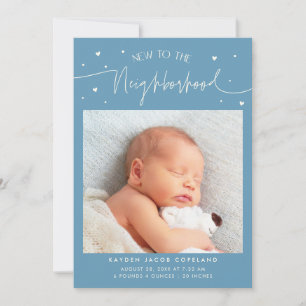 New To The Neighbourhood Denim Blue Photo Birth Announcement