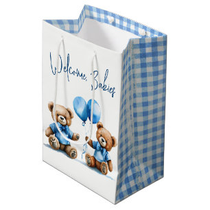New Twin Boy Teddy Bears With Blue Balloons Medium Gift Bag