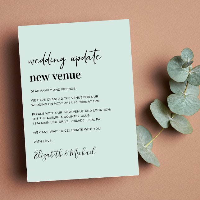 New Venue Mint Wedding Update Announcement (A chic change of venue announcement. Our user-friendly template allows you to easily customize)