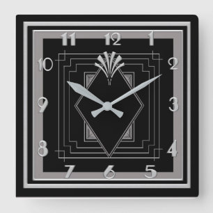 New Very Art Deco (Silver/Black) Square Wall Clock