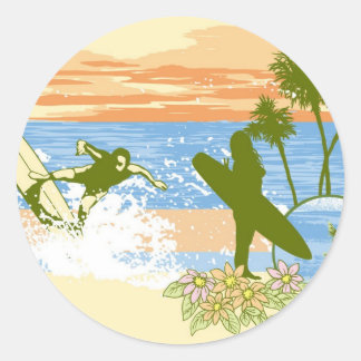 new vintage surfer hawaii beach girl boy classic round sticker