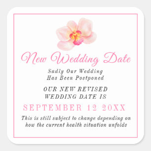 New wedding date event change postponement orchid square sticker