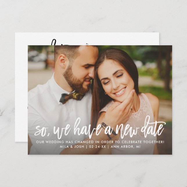 New Wedding Date Modern Brushed Script Photo Announcement Postcard (Front/Back)