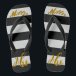 New Wife New Bride Mrs. Personalized Flip Flops<br><div class="desc">Personalized New Wife New Bride Mrs. Metallic Gold Foil Text on Black and White Stripes Beach Bride Sandals</div>