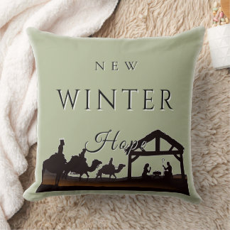New Winter Hope w/ Nativity Scene II Throw Pillow