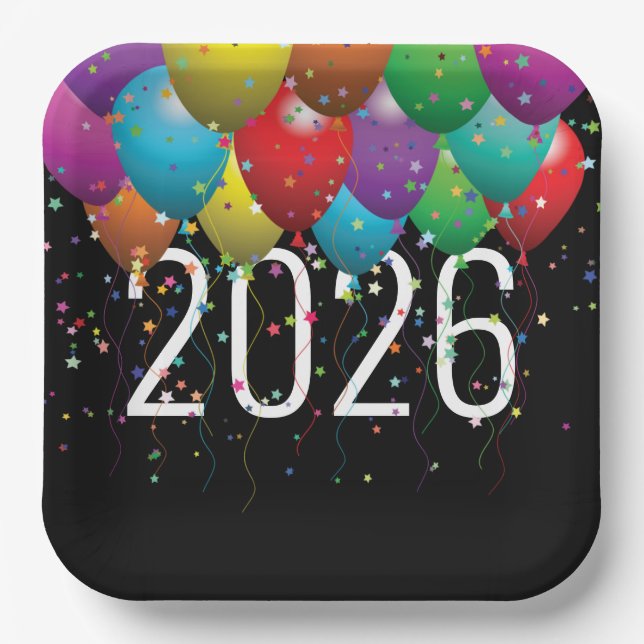 New Year 2026 Balloons Paper Plate (Front)