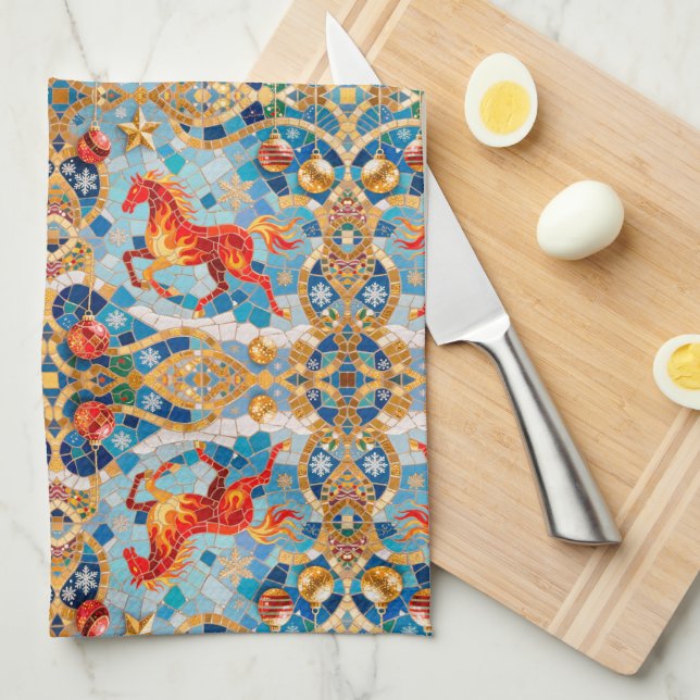 New Year 2026 Red Fiery Horse Christmas Pattern Kitchen Towel (Quarter Fold)