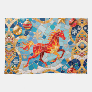 New Year 2026 Red Fiery Horse Christmas Pattern Kitchen Towel