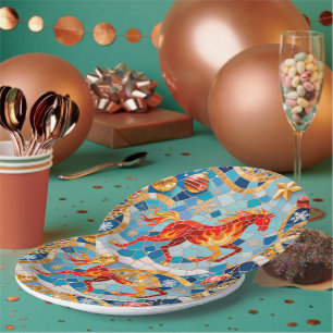 New Year 2026 Red Fiery Horse Christmas Pattern Paper Plate