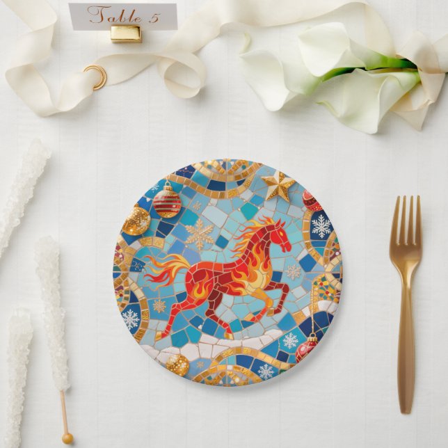 New Year 2026 Red Fiery Horse Christmas Pattern Paper Plate (Wedding)
