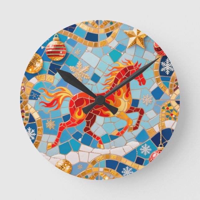 New Year 2026 Red Fiery Horse Christmas Pattern Round Clock (Front)