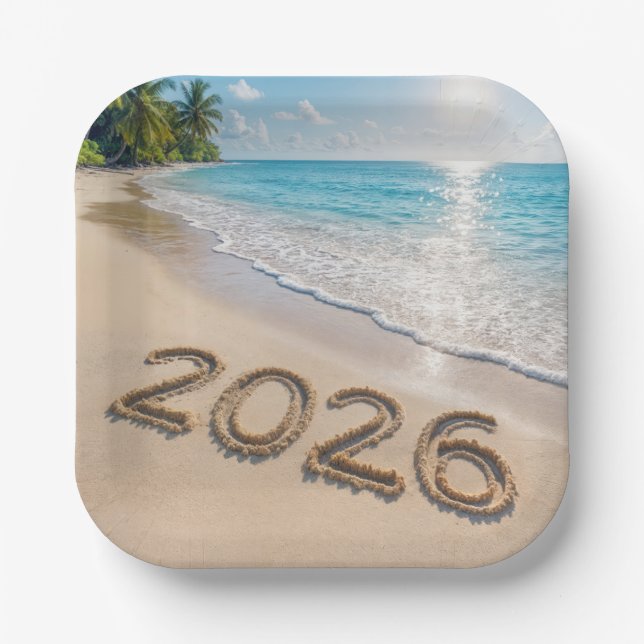New Year 2026 Text On a Tropical Beach Paper Plate (Front)