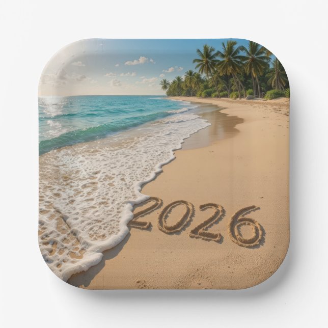 New Year 2026 Tropical Beach Paper Plate (Front)