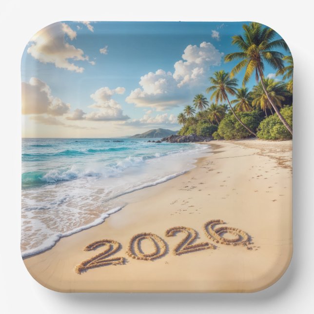 New Year 2026 Tropical Island Beach Scene Paper Plate (Front)
