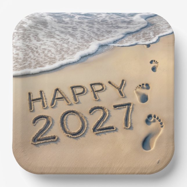 New Year 2027 Beach Footprints Paper Plate (Front)