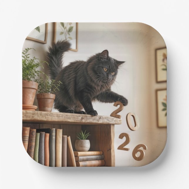 New Year 2027 Playful Cat Paper Plate (Front)