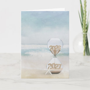 New Year 2027 Sand Timer on Beach Card