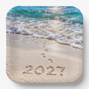 New Year 2027 Seashells on a Beach Paper Plate