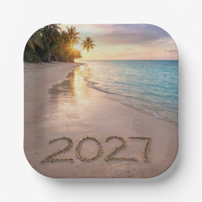New Year 2027 Tropical Beach Paper Plate (Front)