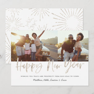 New year 2 photo modern silver script elegant holiday card