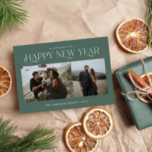 New year 2 photo watercolor botanical sage green holiday card