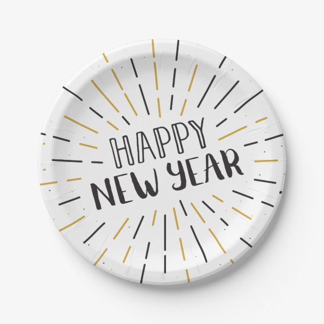 New Year Art Burst Graphic Happy New year Text Art Paper Plate (Front)