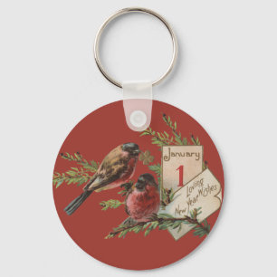 New Year Birds Antique Holiday Card Keychain