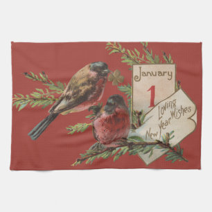 New Year Birds Antique Holiday Card Kitchen Towel