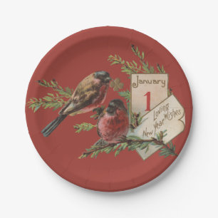 New Year Birds Antique Holiday Card Paper Plate