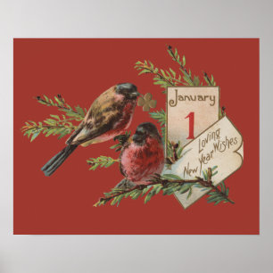 New Year Birds Antique Holiday Card Poster