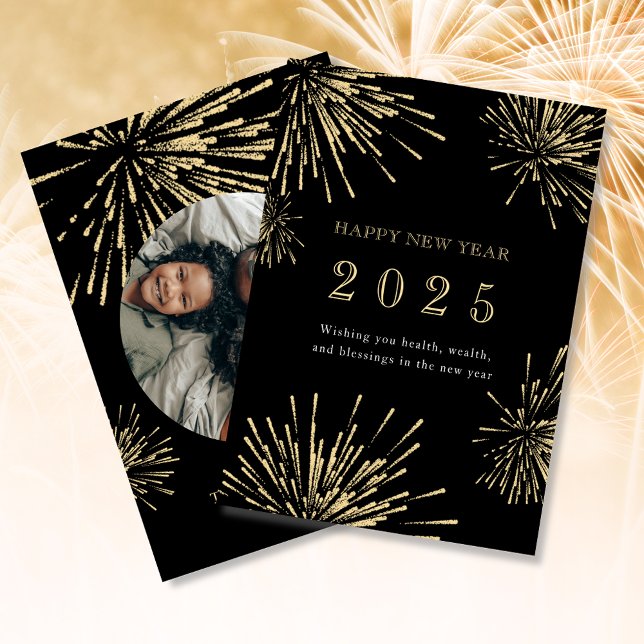 New Year Black Gold Firework Photo Holiday Card (Creator Uploaded)