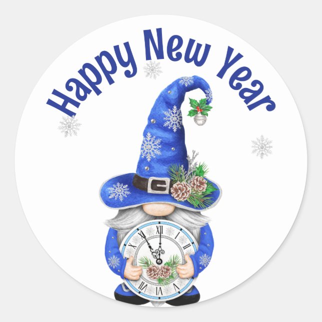 New Year Blue Gnome with Clock Classic Round Sticker (Front)