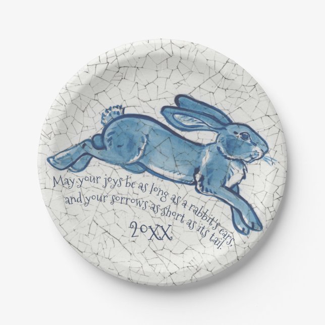 New Year Blue White Bunny Rabbit Delft Dedham Date Paper Plate (Front)