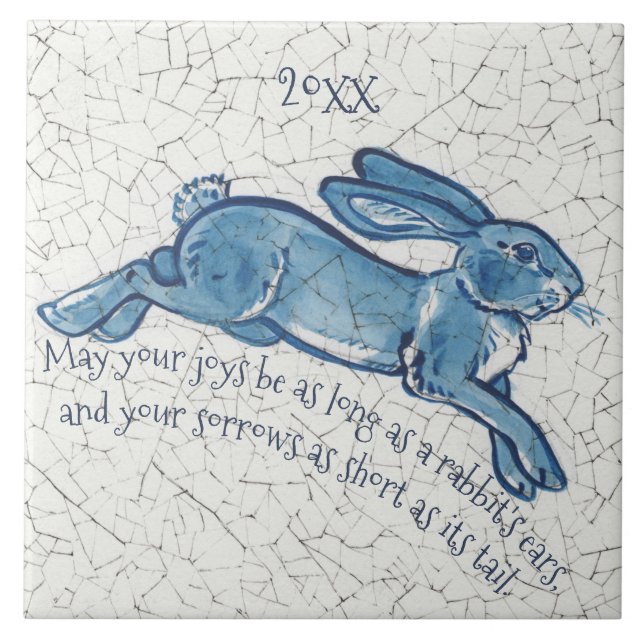 New Year Blue White Bunny Rabbit Delft Dedham Date Tile (Front)