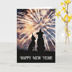 New Year Cat Dog Party Hats Fireworks Wishes  Card