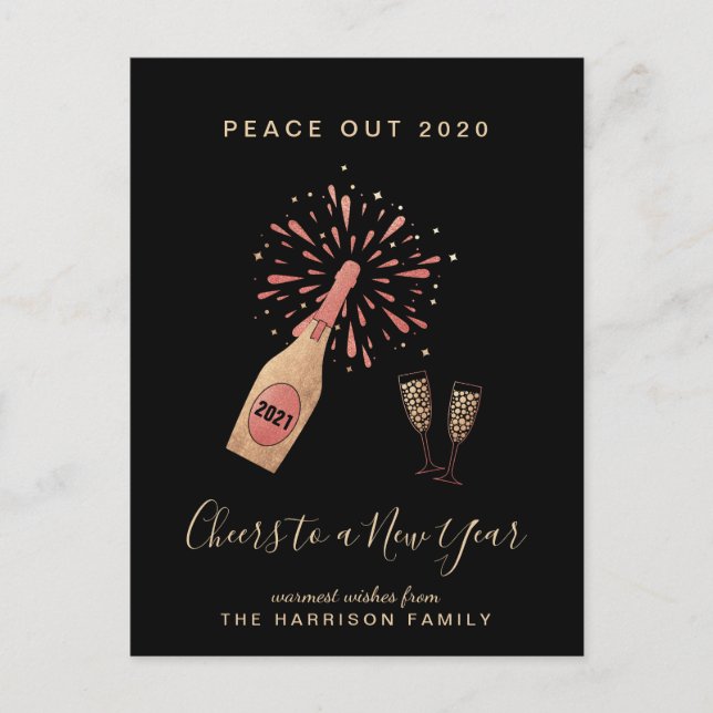 New Year Champagne Peace Out 2020 Gold Black Holiday Postcard (Front)