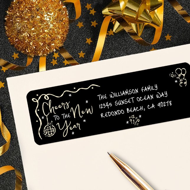 New Year Cheer Black Gold Hand Drawn Art Address (Créateur téléchargé)