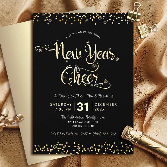 New Year Cheer Black Gold Script Confetti Party Invitation (Creator Uploaded)